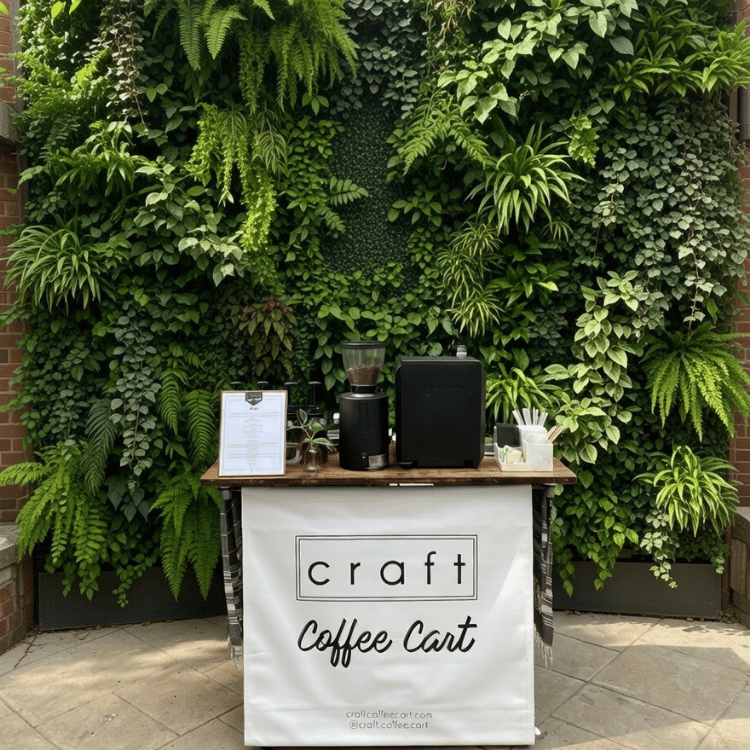 large corporate client event with craft coffee cart